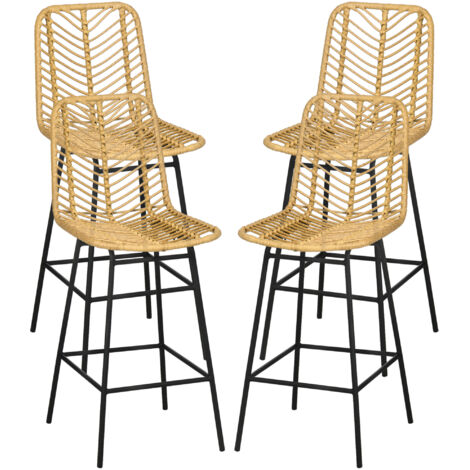 Lot de 4 tabourets de bar jaunes, chaises hautes cannage avec repose-pieds, cadre acier 42,5x52x102 cm