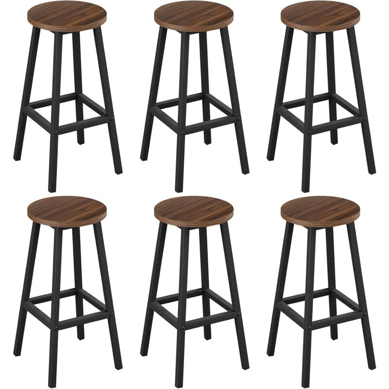 Klihome - Lot de 6 Tabourets de Bar Siège Rond en Bois d'Ingénierie - Structure Métallique - Tabouret Fixe Haut - Chaise Haute Cuisine - Repose-Pieds