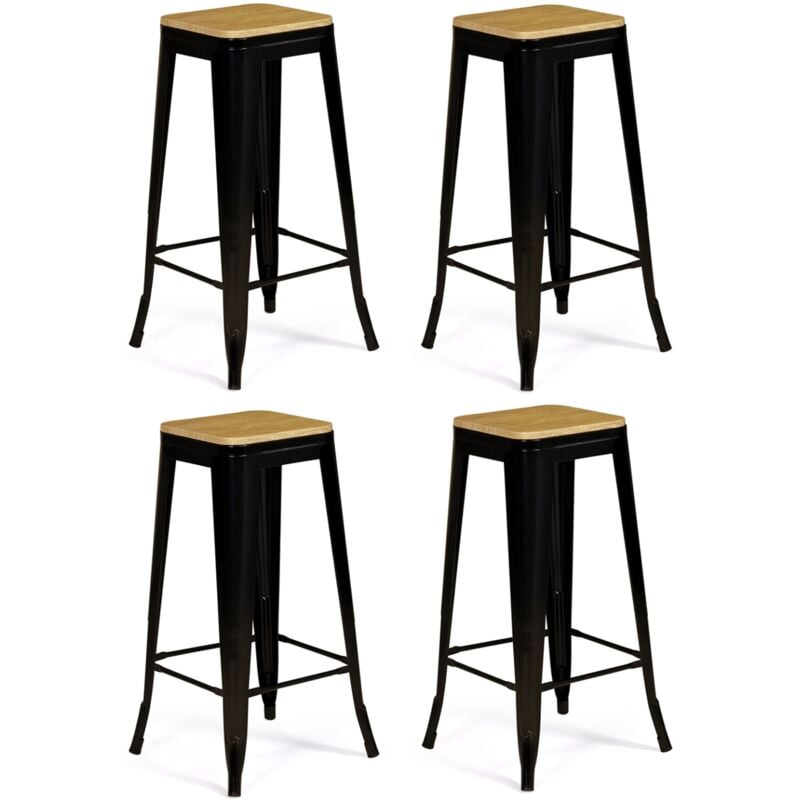 Lot de 4 tabourets de bar leny métal noir mat assise bois empilable aspect brut factory