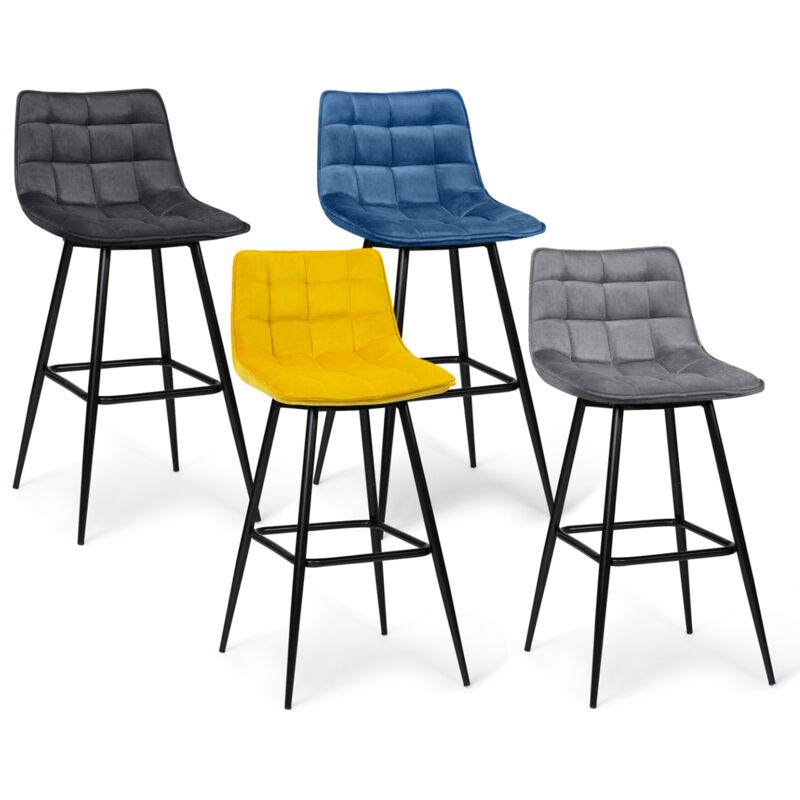 Lot de 4 tabourets de bar mady en velours mix color bleu, gris clair, gris foncé, jaune