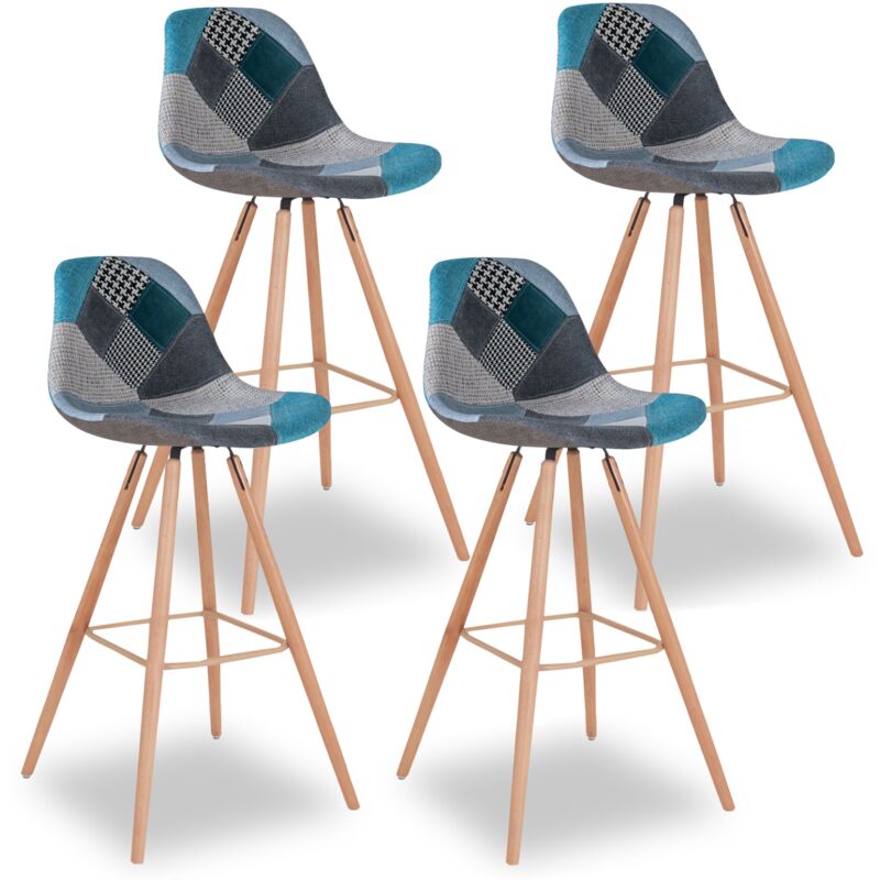 Lot de 4 tabourets de bar sara motifs patchworks bleus