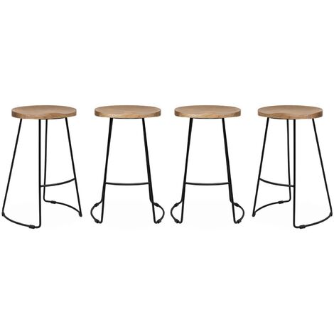 Lot de 4 tabourets de bars bois de manguier naturel et acier. avec repose pieds. 65cm