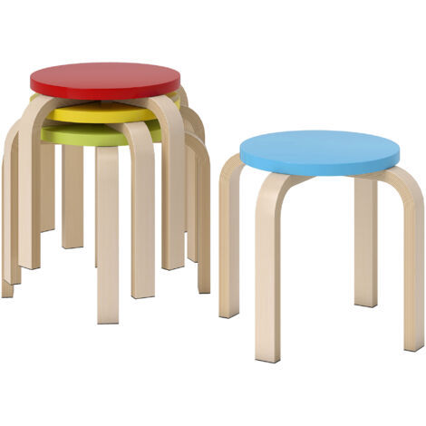Lot de 4 tabourets empilables avec patins en feutre, contreplaqué de bouleau, vernis, multicolore