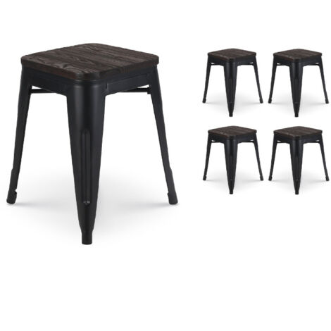 Lot de 4 tabourets en métal noir mat style industriel et assise en bois foncé - Hauteur 46 cm