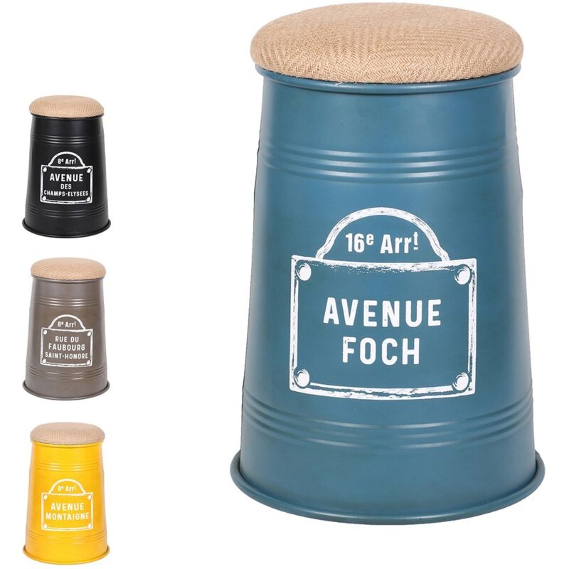 Lot de 4 tabourets pouf conique au style industriel, collection PARIS – Couleurs noir, jaune, gris et bleu