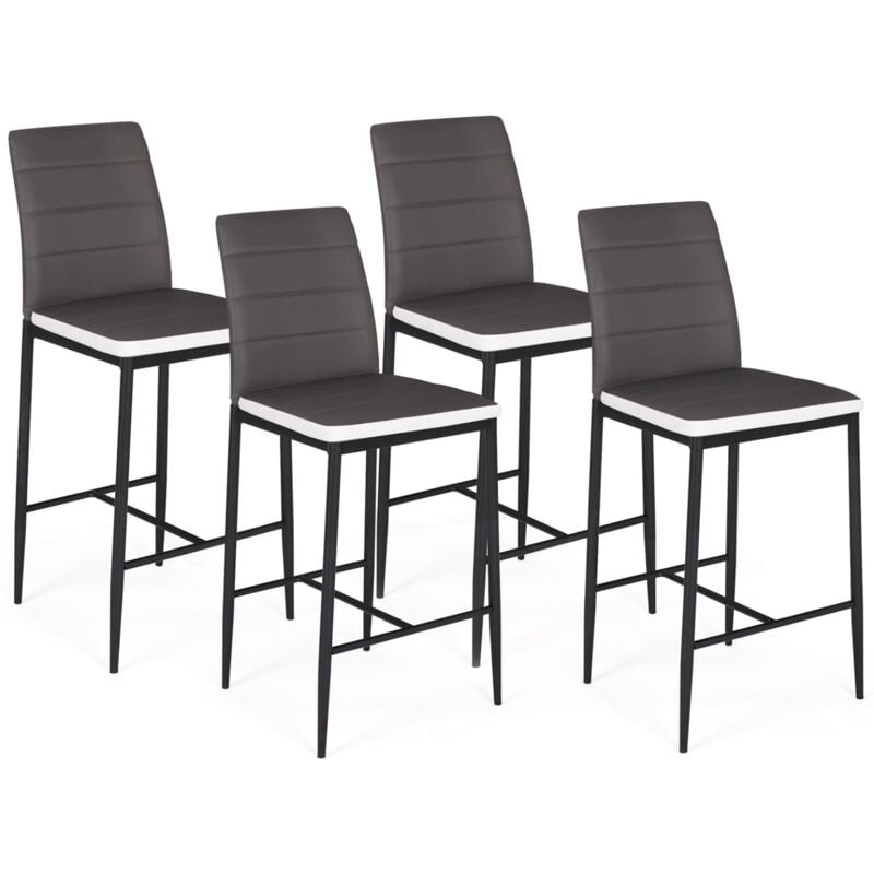 Lot de 4 tabourets romane en pvc gris bandeau blanc, chaises de bar rembourrées