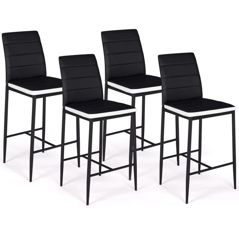 lot de 4 tabourets romane en pvc noirs bandeau blanc, chaises de bar rembourrées - noir