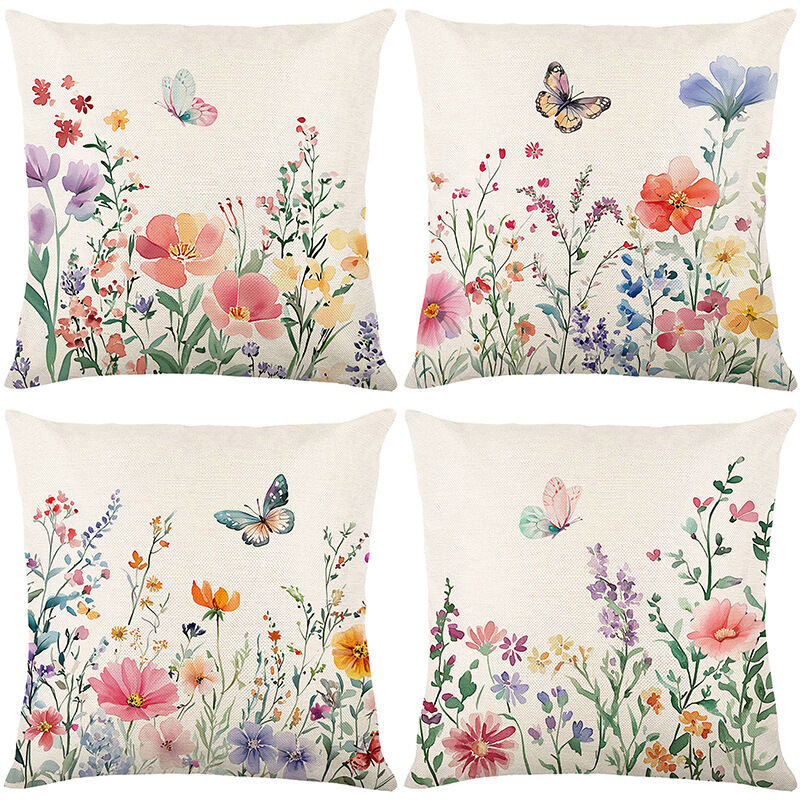 Lot de 4 taies d'oreiller d'extérieur, housses de coussin colorées à fleurs et papillons, style bohème, décoration de canapé, chambre à coucher, 45 x