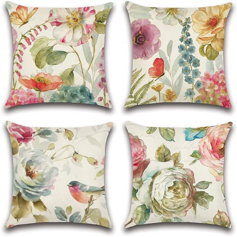 Lot de 4 housses de coussin d'extérieur colorées à motifs de fleurs, d'oiseaux et de papillons, pour patio, jardin, salon, chambre à coucher, 45 x 45