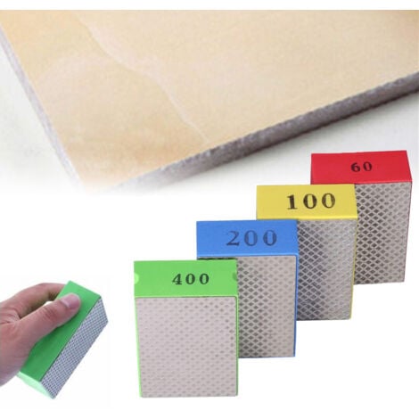 LONGZIMING Lot de 4 tampons de polissage diamant à la main, blocs de ponçage diamantés , blocs de ponçage pour pierre, céramique, carrelage, verre, 4 niveaux de rugosité – 60 100 200 400 (côté argenté)