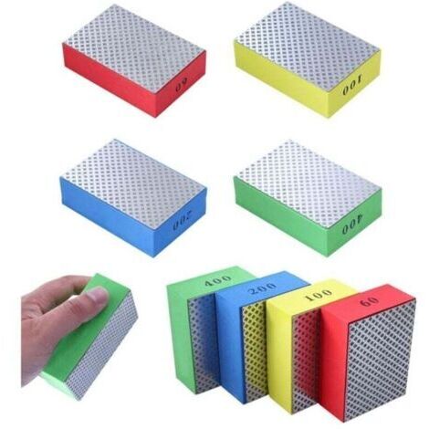 Lot de 4 tampons de polissage diamant à la main, blocs de ponçage pour pierre, céramique, carrelage, verre, 4 niveaux de rugosité – 60 100 200 400 (côté argenté)