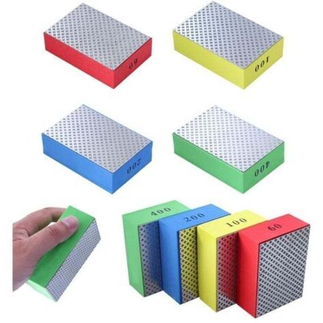 Lot de 4 tampons de polissage diamant à la main, blocs de ponçage pour pierre, céramique, carrelage, verre, 4 niveaux de rugosité – 60 100 200 400 (côté argenté)