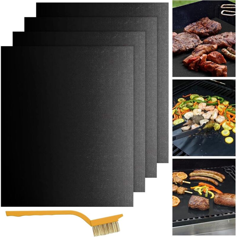 Lot de 4 tapis de cuisson antiadhésifs réutilisables avec brosse de nettoyage incluse – Plaque de cuisson pour barbecue à gaz, charbon de bois et