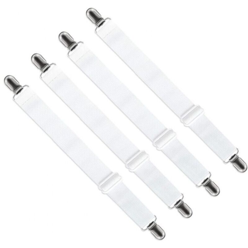 Lot de 4 Tendeur Drap Housse Réglable (65cm à 200cm), Fixation Attache Sangle de Maintien Ajustable pour Drap Lit, Canapé, Housse de Repassage (Blanc)