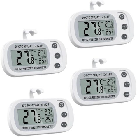 Lot de 4 thermomètres numériques pour réfrigérateur et congélateur – Écran LCD – Enregistrement max/min – Installation avec crochet ou aimant