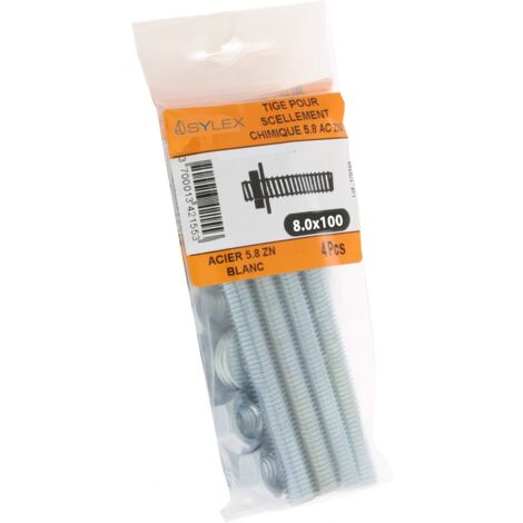 Lot de 4 tiges pour scellement chimique 8 mm – Longueur 100 mm – Fixation béton, parpaing, brique pleine ou creuse – Résine chimique – Sylex