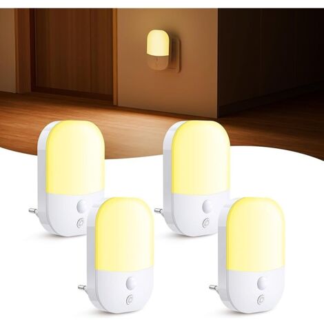 [Lot de 4] Veilleuse avec Capteur de Crépuscule, 5 Niveaux de Luminosité, ON/OFF/AUTO Modes, 3000K Blanche Chaude, 0,3W, Veilleuse LED pour Couloirs, Escaliers, Chambres, Cuisines, Salons, Garages