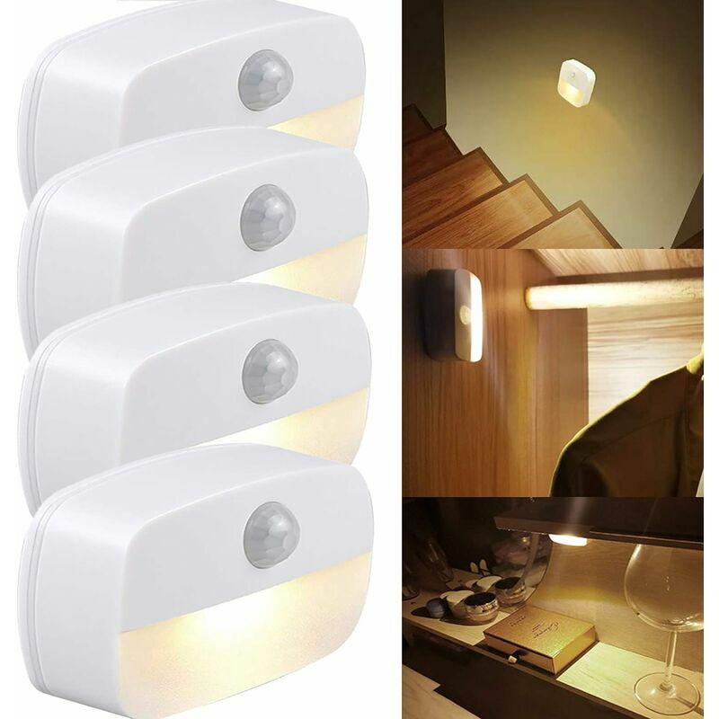 Lot de 4 veilleuses led avec détecteur de mouvement Gritin Blanc Lampe de nuit pour enfant On/Off Éclairage de placard avec adhésif Éclairage