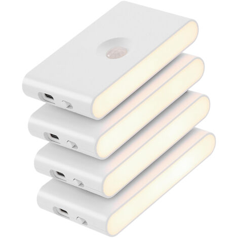 Lot de 4 veilleuses rechargeables avec détecteur de mouvement et capteur du crépuscule à l'aube, lumière LED blanc chaud, design sans fil, lampe murale pour chambre à coucher, salle de