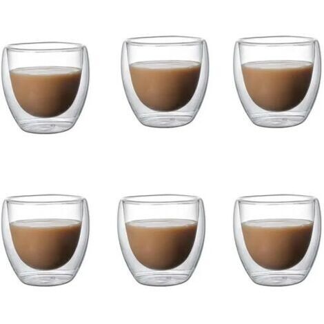 Lot de 4 Verres À Eau 6 Emballage Transparent en Verre Mural Double Tasse De Café Tasse Isolée pour Le Lait d'eau À Café en Verre Tasse-6 Pcs-51-100 ML