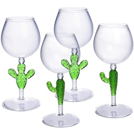 Lot de 4 verres à vin avec pieds cactus - Transparent et vert - D. 8.5  x H . 19.5  cm - GELLIF