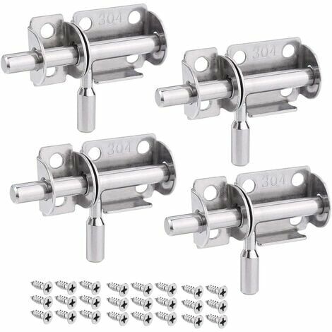 Lot de 4 Verrou de Porte Coulissant, Serrure Porte Interieure Porte de Jardin, Loquet Porte Coulissant en Acier Inox, Verrou Porte en Bois, Serrure Porte Coulissante pour Salle de Bain