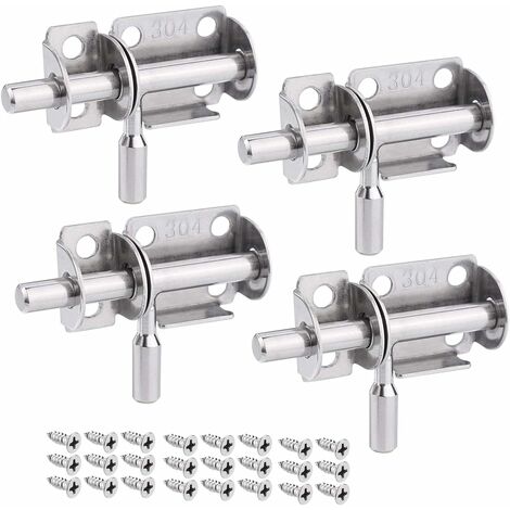 Lot de 4 Verrou de Porte Coulissant, Serrure Porte Interieure Porte de Jardin, Loquet Porte Coulissant en Acier Inox, Verrou Porte en Bois, Serrure Porte Coulissante pour Salle de Bain, Chambre