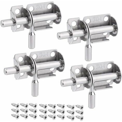 Lot de 4 Verrou de Porte Coulissant, Serrure Porte Interieure Porte de Jardin, Loquet Porte Coulissant en Acier Inox, Verrou Porte en Bois, Serrure Porte Coulissante pour Salle de Bain, Chambre