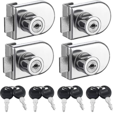 Lot de 4 verrous pour vitrine sans perçage, verrous pour porte vitrée simple avec clés identiques, verrou de sécurité à double ouverture pour vitrine en verre de 5 à 8 mm