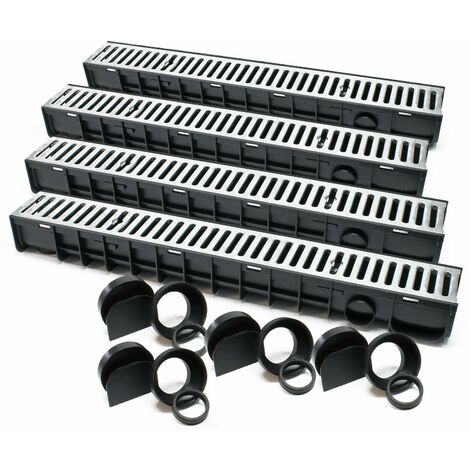 Lot de 4 x 1 m caniveaux grille recouvrement 1,5 tonnes fonte drainage eaux usées évacuation