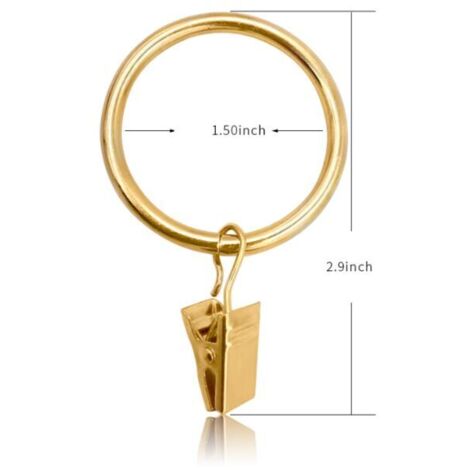 Lot de 40 anneaux de rideau en métal avec clips, crochets pour rideaux, crochets décoratifs pour tringle à rideau, œillets de 3,8 cm de diamètre intérieur, placage antirouille couleur or