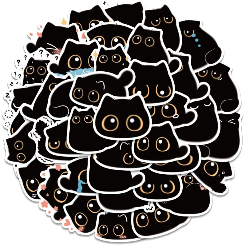 Lot de 40 autocollants chat noir de mer imperméables en vinyle coloré pour bureau, ordinateur portable, bouteille d'eau (Black Cat)