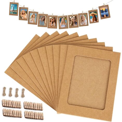 Lot de 40 cadres photo papier 15,5x11,5 cm couleur peau de vache, 40 pinces bois + 4 cordes chanvre, décoration murale DIY pour anniversaire, mariage, rideau photo