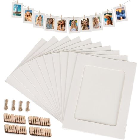 Lot de 40 cadres photo papier blanc 15,5x11,5 cm, 40 pinces bois + 4 cordes chanvre, décoration murale DIY pour anniversaire, mariage, rideau photo