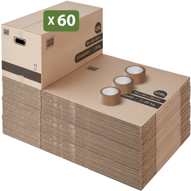 Lot 60 cartons déménagement xl - 80 x 40 x 40 cm - Poignées renforcées - 3 adhésifs offerts