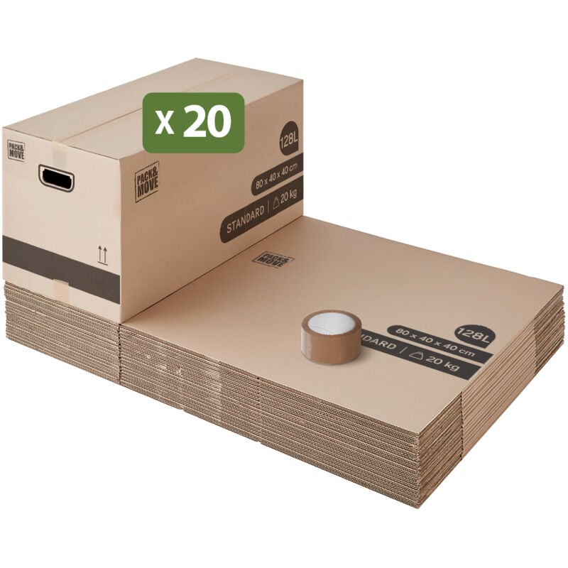 Lot 20 cartons déménagement xl - 80 x 40 x 40 cm - Poignées renforcées - 1 adhésif offert