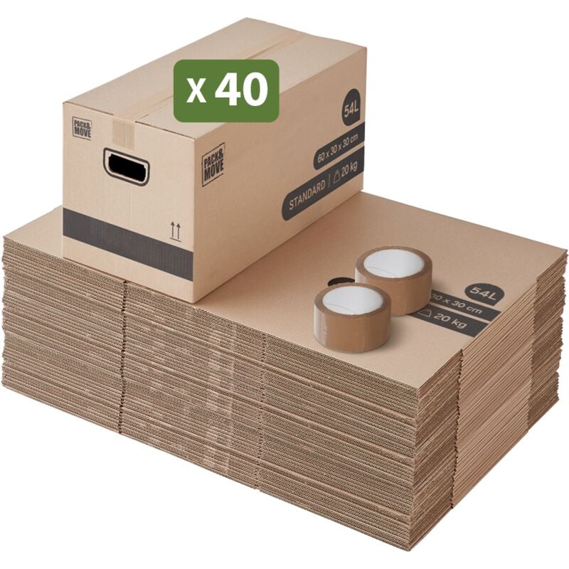 Lot 40 cartons déménagement stockage standard - 60 x 30 x 30 cm - Poignées renforcées - 2 adhésifs offerts