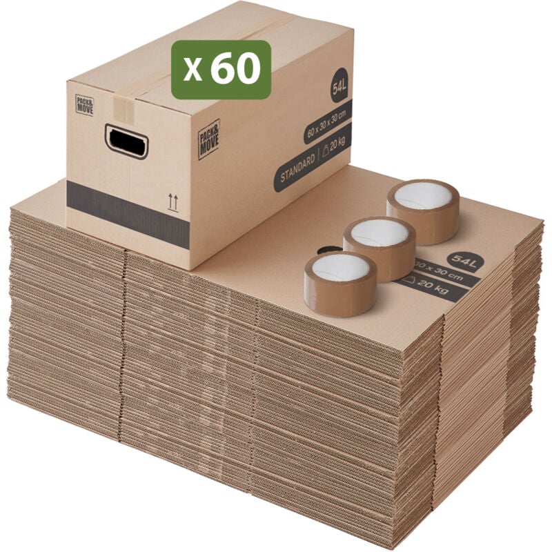 Lot 60 cartons déménagement stockage standard - 60 x 30 x 30 cm - Poignées renforcées - 3 adhésifs offerts