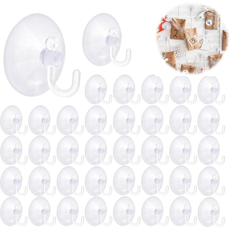 Tigrezy - Pack of 40 Transparent Suction Cup Hooks Wall Hooks with Suction Cup Small Suction Cup Plastic Hook for Hanging Lights, Christmas Wreath,