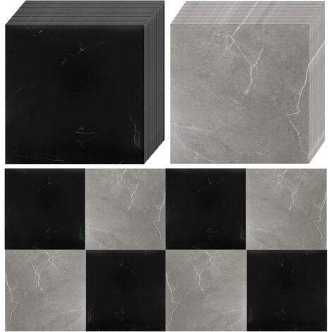 Lot de 40 Dalles Sol PVC 30x30 cm, Revêtement Vinyle Effet Marbre Noir Gris, Adhésif Imperméable Cuisine Salle de Bain