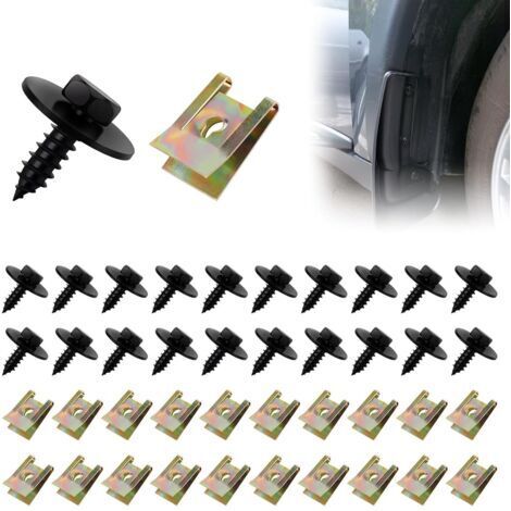 Lot de 40 écrous en tôle, Assortiment de vis, Clips de fixation, Assortiment Agrafes de Carrosserie, Ecrou Cage Voiture, U-Nuts de Panneau de Porte de Voiture, Pour voiture