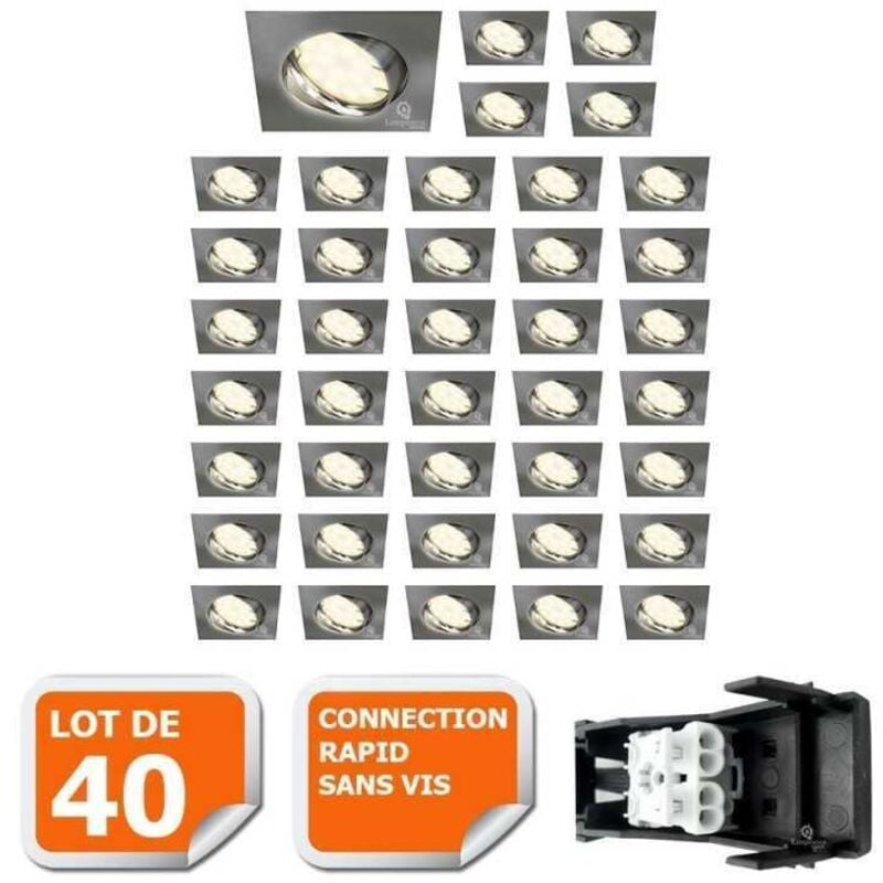 Lot de 40 spot encastrable orientable led carré alu brossé GU10 230V eq. 50W blanc chaud
