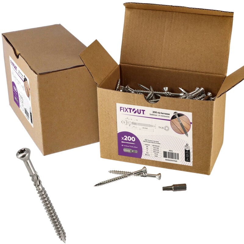 Fixtout - Lot de 400 vis terrasse en Inox A2 - Empreinte Torx 25 à tête réduite crantée - Diamètre 5mm - Longueur 50 mm