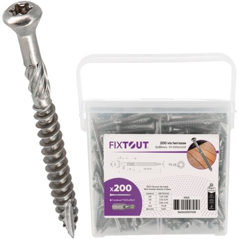 Fixtout – Lot de 400 vis terrasse en inox A2 – Tête fraisée crantée TX25 – Diamètre 5mm – Longueur 60mm – Fixation durable pour bois dur