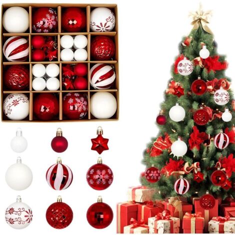 Lot de 44 boules de Noël - Décoration de sapin de Noël - Boules de Noël - Boules de Noël - Boules de Noël - Boules de Noël (rouge et blanc)