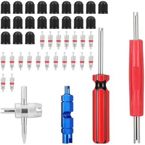 Lot de 44 outils démontage valve pneu, 20 noyaux bouchons valve, 4 d'entretien noyau pour tous les types pneus -