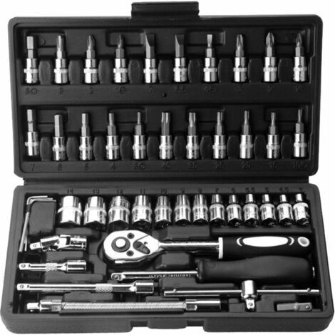 Lot de 46 clés à cliquet et outils à douilles 1/4&quot Kit de réparation de tournevis à douilles combinées avec étui de rangement pour la maison, la voiture, l'automobile, le vélo, les projets de méca