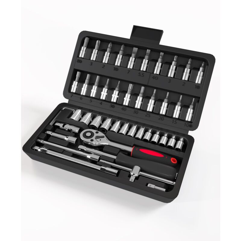 Lot de 46 Coffret Douille Cliquet 1/4' le Chromé, Ensemble de clés à Cliquet et Cliquets Adapté pour les Travaux sur Vélos et Outillage Mecanique