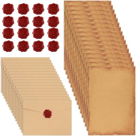 Lot de 48 feuilles de papier à lettre vintage avec enveloppes, 16 enveloppes en papier kraft, 16 papiers à lettre vintage et 16 autocollants de cire pour lettre d'amour, mariage