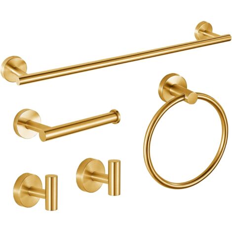 Lot de 5 Accessoires de salle de bain, Barre porte-serviettes 60cm, Anneau, Support papier, Crochets muraux